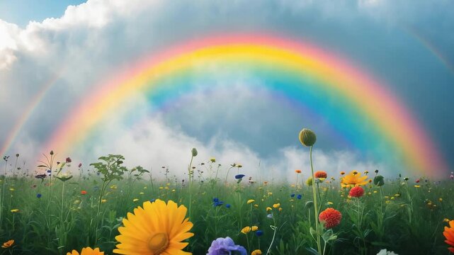 Wide view of colorful wildflowers under a vivid rainbow after rain in a sunny field