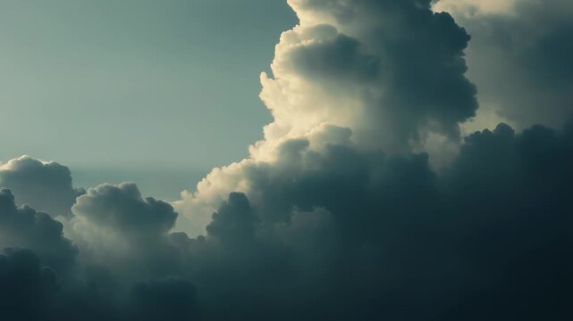Voluminous cumulus clouds fill the sky, bathed in warm golden hour light, creating a dramatic cloudscape of deep shadows and bright highlights, serene and vast