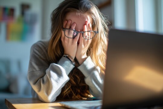 Student Sits at Home Desk Covering Face With Hands While Taking Online Exam During a Bright Afternoon