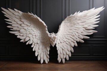 Fototapeta premium Angel wings sculpture representing freedom and spirituality against a dark wall