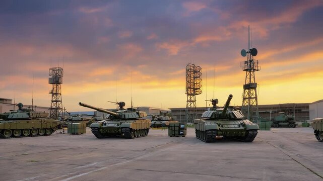 A military base with tanks, observation posts and equipment at sunset.
