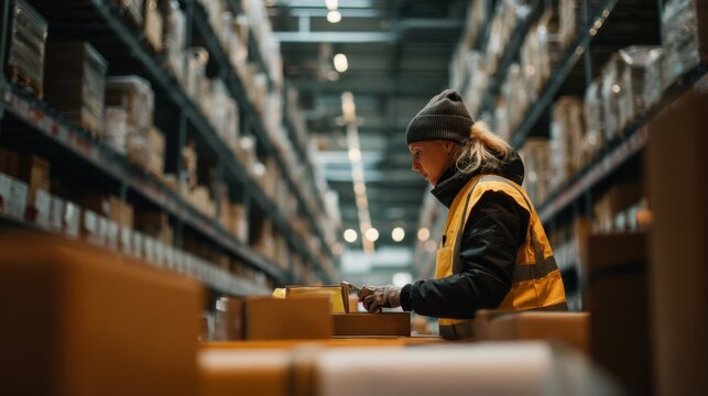 Warehouse Worker Sorts Packages at Stock Photo Returns Station in Busy Logistics Center