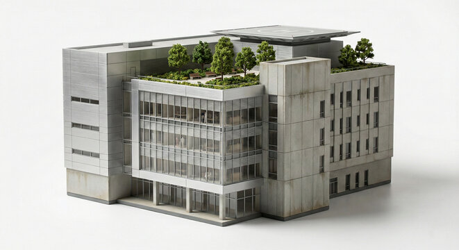 Realistic modern hospital building scale model with rooftop garden and helipad isolated on white background.