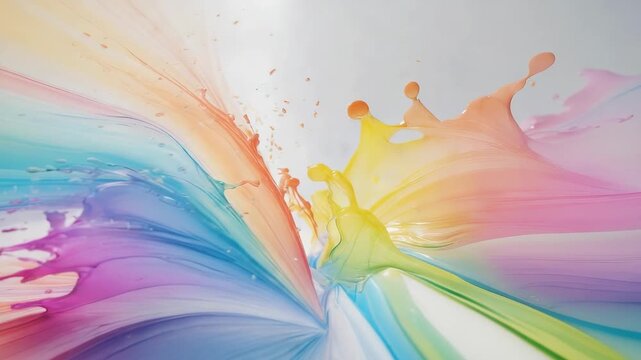 Bright colors mix on a surface with flowing patterns and splashes of paint in a creative art process