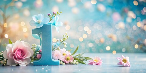 Number One With Pastel Flowers On Soft Bokeh Background, Decorative Floral Numeral For First Birthday, Baby Shower, Anniversary, Celebration Design, Greeting Card, Banner And Marketing Use