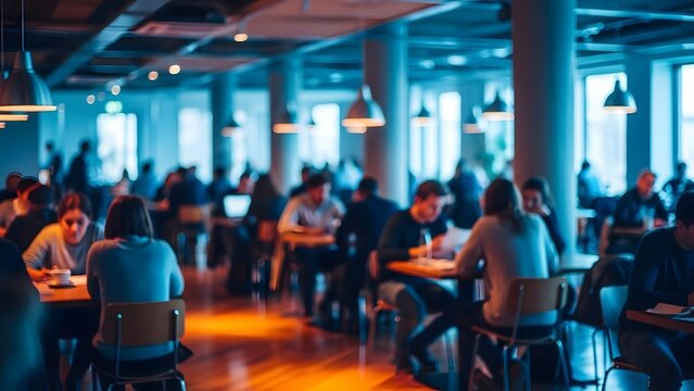 People gathered in large modern corporate cafeteria eating lunch coworkers discussing business or socializing during break time