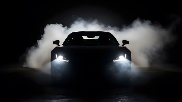 Luxury sports car silhouette with glowing headlights emerging from thick white smoke on dark background representing speed power and performance art