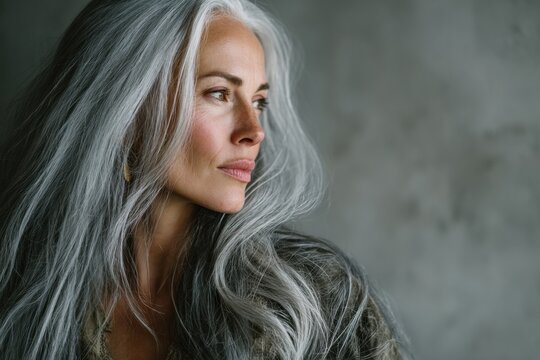 Silver-haired Person Poses in a Natural Light Setting With a Textured Background and a Focused Expression While Looking to the Side