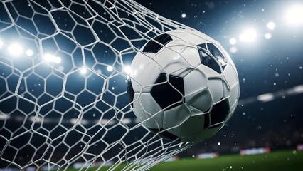 Soccer ball scoring goal into net with stadium lights in background celebrating victory successful game winning shot intense match scoring moment triumph.