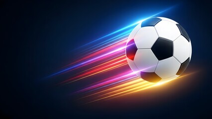 Naklejka premium Speeding soccer ball with colorful light trails on dark background energetic motion blur abstract background dynamic movement fast speed abstract background.