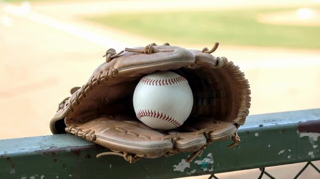 Baseball resting in worn leather glove on green fence at sports field