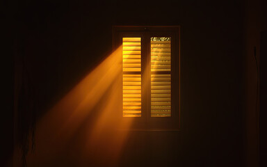 Intense shafts of golden sunlight penetrate a darkened room through partially closed window shutters.