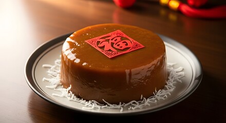 Traditional Chinese New Year cake with red fortune character on top served on a plate with shredded coconut for lunar festival celebration festivities