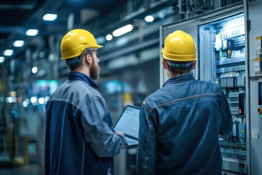 Engineers Monitor Systems in Industrial Control Room Focused on Cybersecurity at a Manufacturing Facility