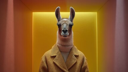 Obraz premium Llama Wears a Tiny Blazer and Stands in Front of a Colorful Background in a Simple Setting