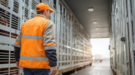 Fototapeta premium Logistics Worker Checks Clean Livestock Transport at Facility During the Day