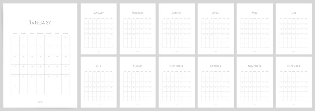Minimal 2027 calendar template. Week starts on Sunday. Editorial style wall calendar with clean grid layout. Modern business planner. English vector monthly calendar.
