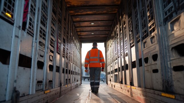 Logistics Worker Walking Through Livestock Transport Trailer at Early Morning Light