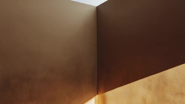 Empty room corner featuring a minimalist wooden bench, illuminated by natural sunlight casting a diagonal shadow across the textured wall and floor surface