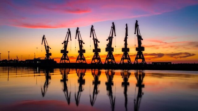 Port cranes sunset reflection