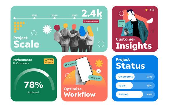 Modern infographic layout template for startups and businesses. Modular business infographic cards, mix and match layouts. Perfect for pitch decks, reports, social media posts.