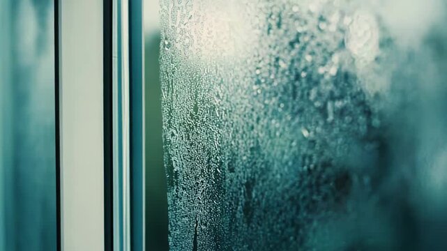 Glass surface covered in numerous water droplets and traces, indicating high humidity or steam, creating an abstract background texture with a cool color palette