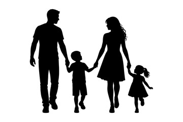Silhouette of family walking together holding hands.