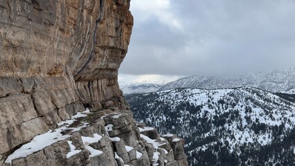 large rocks and landscapes in snowy mountains