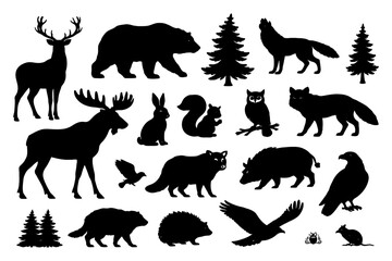 Fototapeta premium Silhouettes of forest animals: deer, bear, wolf, and more wildlife.
