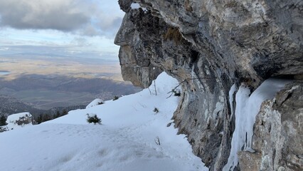 large rocks and landscapes in snowy mountains