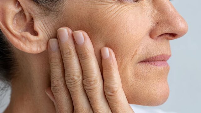 A close-up shot of a woman's face touching her cheek, showing wrinkles and aging skin.
