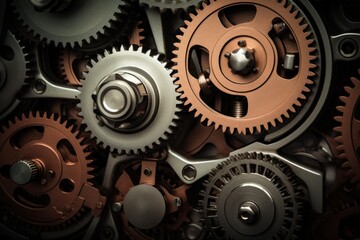 Metal gears moving, creating an intricate mechanical system and industrial precision
