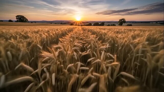 Golden wheat field at sunset landscape.