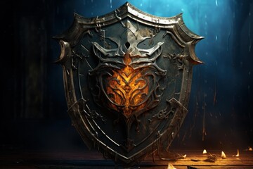 Fototapeta premium Ornate medieval shield standing in a dark setting, showing a glowing magical core