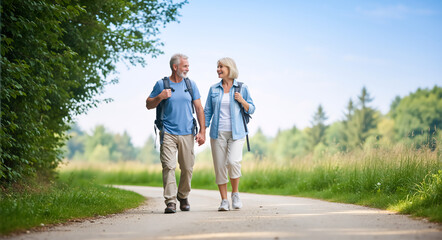 Senior couple hiking on a nature trail. Happy elderly man and woman walking with backpacks and holding hands. Active retirement lifestyle
