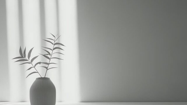 Minimalist gray interior with a single vase holding bare branches on an empty shelf, sunlight casting strong vertical shadows for a calm, modern, architectural look
