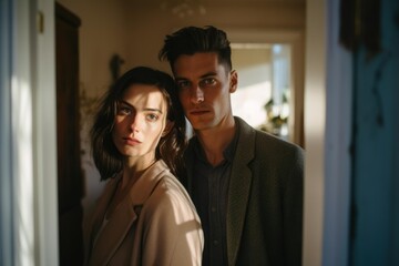 Young couple looking at camera with serious expressions in a sunlit doorway