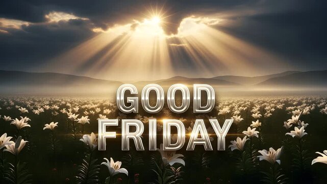 Good Friday celebration with sun rays shining through clouds over a field of white lilies 4K Ai HD high quality video.