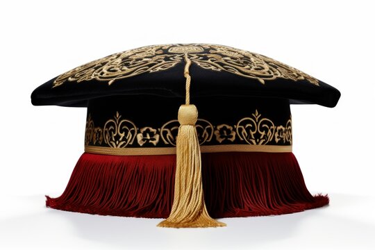 Black velvet academic biretta with gold embroidery and red metallic fringe