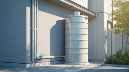 Fototapeta premium Modern Rainwater Collection Tank Placed Near the Side of a House With Grey Wall and Piping During Daylight Hours
