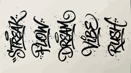Naklejka premium Five bold graffiti tags in black script on a light textured wall, showcasing urban street art and stylized lettering.