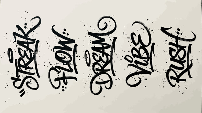 Five bold graffiti tags in black script on a light textured wall, showcasing urban street art and stylized lettering.
