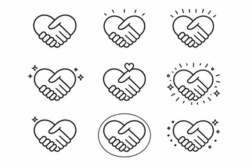 Heart-shaped handshake icons symbolizing unity and partnership in various styles