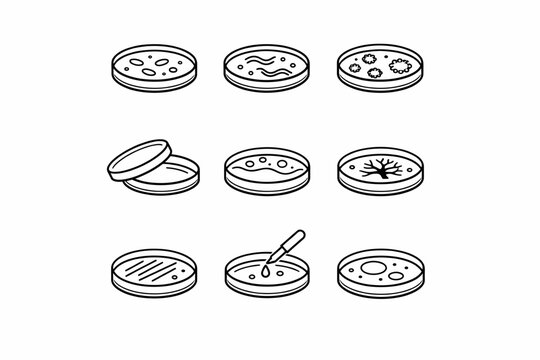 Various petri dish cultures with bacteria and microorganisms illustration