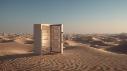 Door of a Fridge Opens to Reveal a Vast Desert Filled With Sand Dunes Under a Clear Sky at Sunset