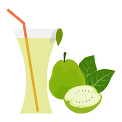 Guava juice with guava fruit on white background.