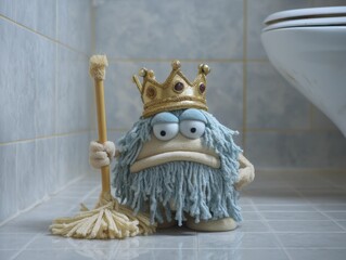 Nonsense Mop Wearing a Crown Rules the Bathroom With a Mop in Hand While Standing Near the Toilet