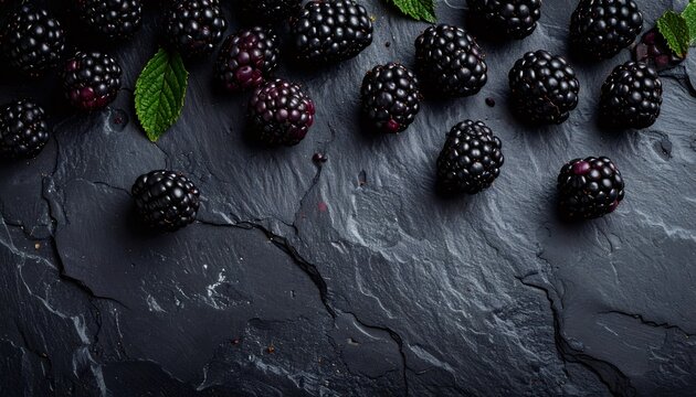 Fresh organic blackberries with mint on dark slate background