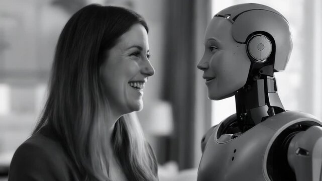 Black and white close-up of woman laughing with humanoid robot indoors