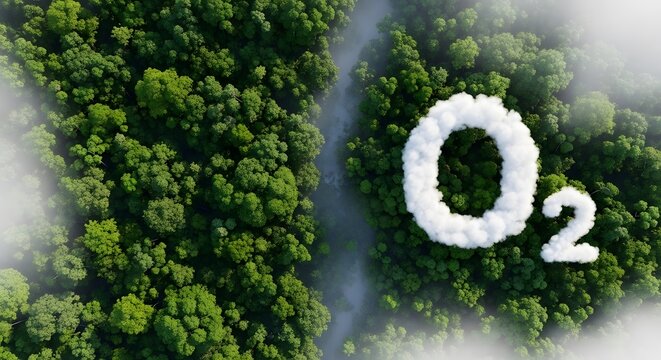 Aerial view of lush green forest with creative O2 cloud formation